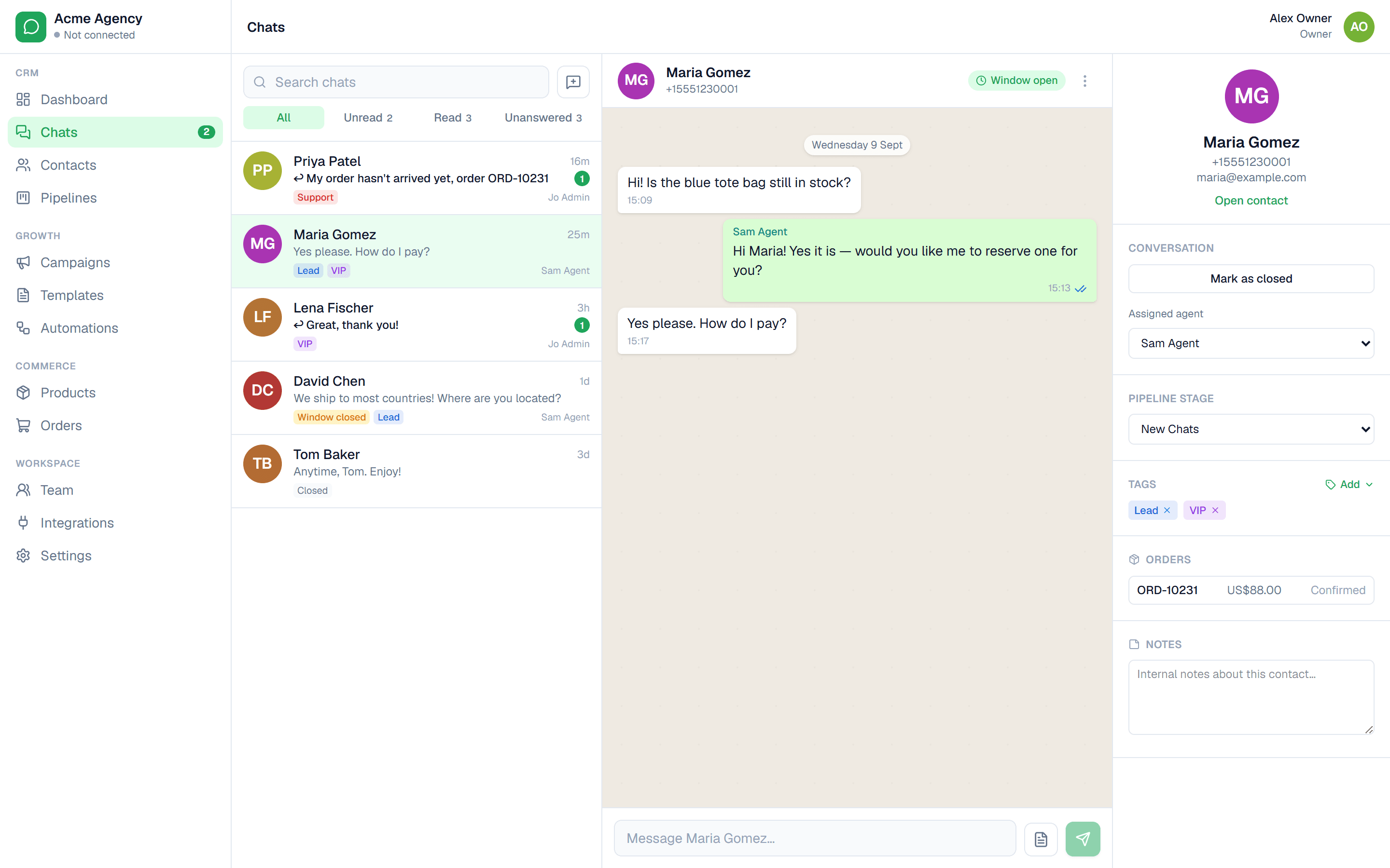 The Leadr shared WhatsApp inbox — conversation thread, contact panel and pipeline stage